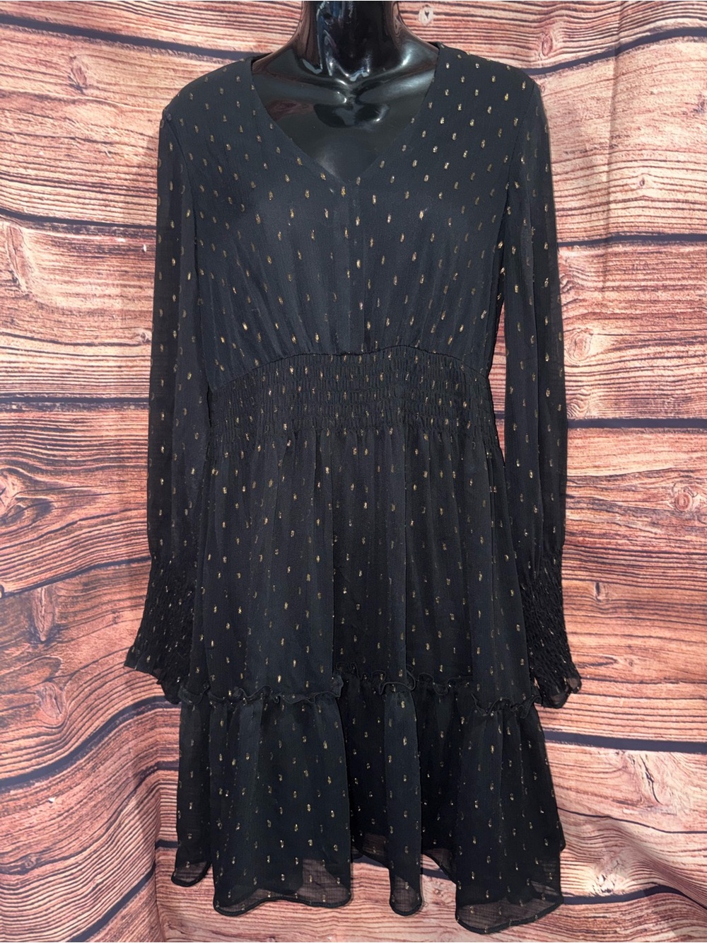Taylor Black Long-Sleeve V-Neck Dress with Gold Dot Print